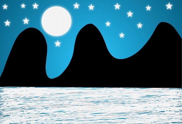 Ilustración 3D Mountin en el mar con luna y estrellas fondo azul abstracto