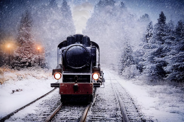 Ilustración 3d del movimiento del tren iluminando el camino con faros brillantes en invierno