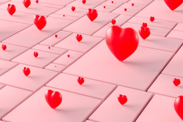 Ilustración 3D Muchos corazones de diferentes tamaños Día de San Valentín y concepto de amor