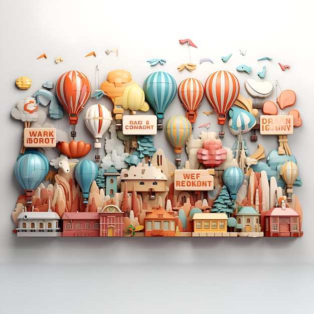 Ilustración 3D de muchos globos de aire caliente y casas diferentes