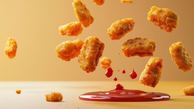 Foto la ilustración en 3d muestra sabrosas nuggets de pollo cubiertas de ketchup de tomate sobre un fondo de color hueso