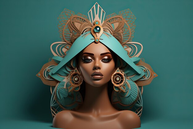 Ilustración 3D de una mujer africana con un tocado turquesa