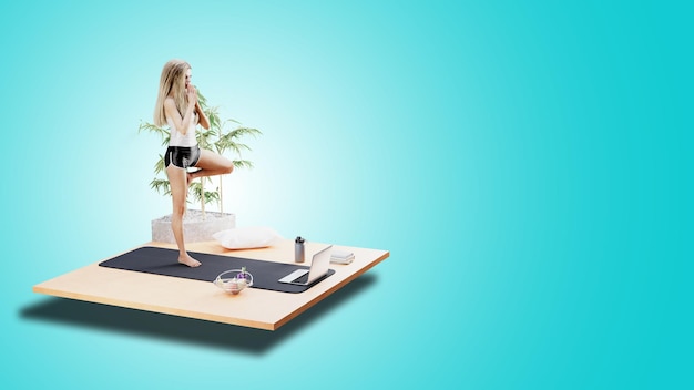 Foto ilustración en 3d de una mujer joven haciendo práctica de yoga aislada en un fondo azul concepto de vida saludable con un camino de recorte 3d render