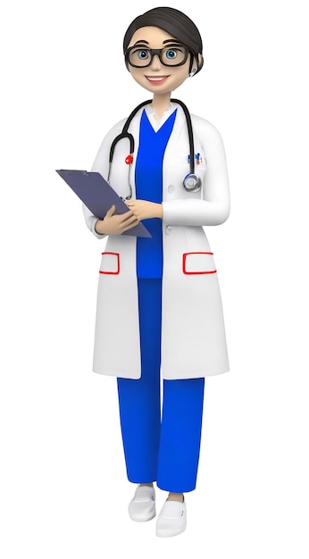Ilustración en 3D de una mujer médica sobre un fondo blanco