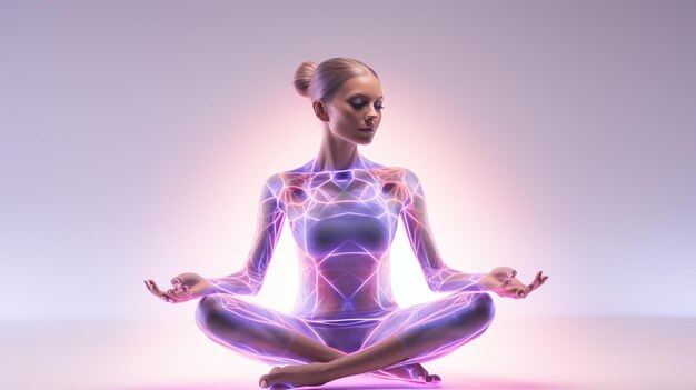 Ilustración 3D de una mujer meditando en la postura del loto