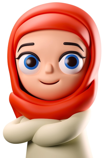 Foto ilustración en 3d de una mujer musulmana con brazos de hijab en el pecho de un personaje de dibujos animados