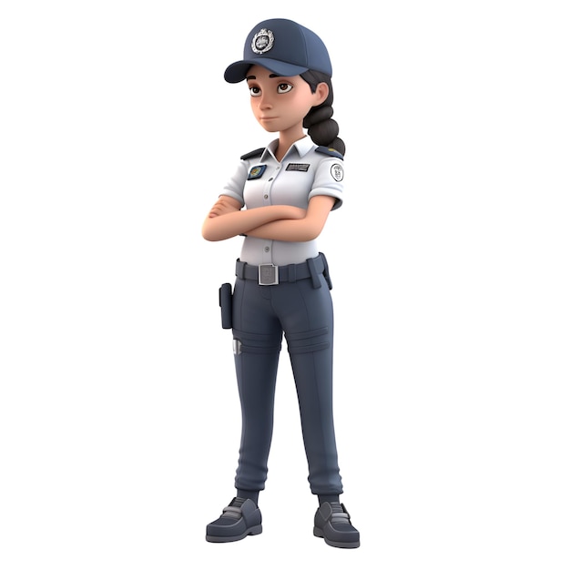 Ilustración en 3D de una mujer oficial de policía de pie con los brazos cruzados