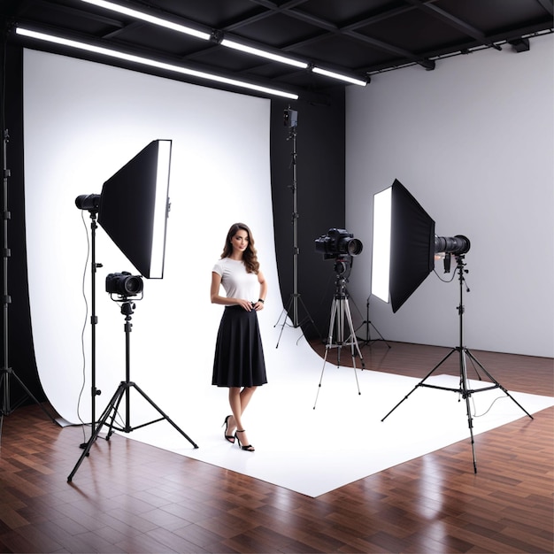 Foto ilustración 3d de una mujer en una sala de estudio fotográfico con trípode de cámara e iluminación