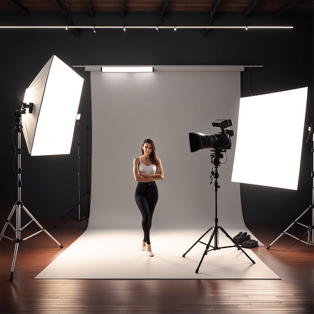 Foto ilustración 3d de una mujer en una sala de estudio fotográfico con trípode de cámara e iluminación