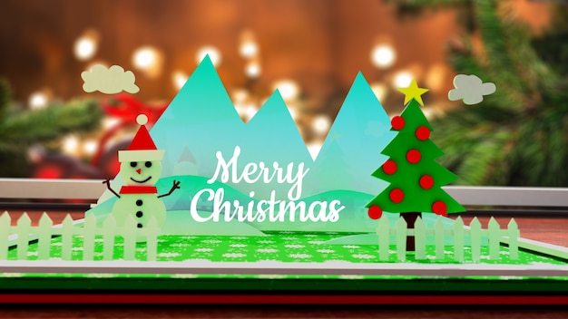 Foto ilustración 3d de muñeco de nieve y árbol de navidad