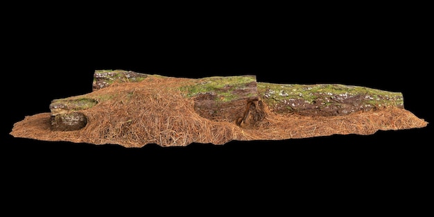 Foto ilustración 3d de musgo cubierto de madera seca aislado sobre fondo negro