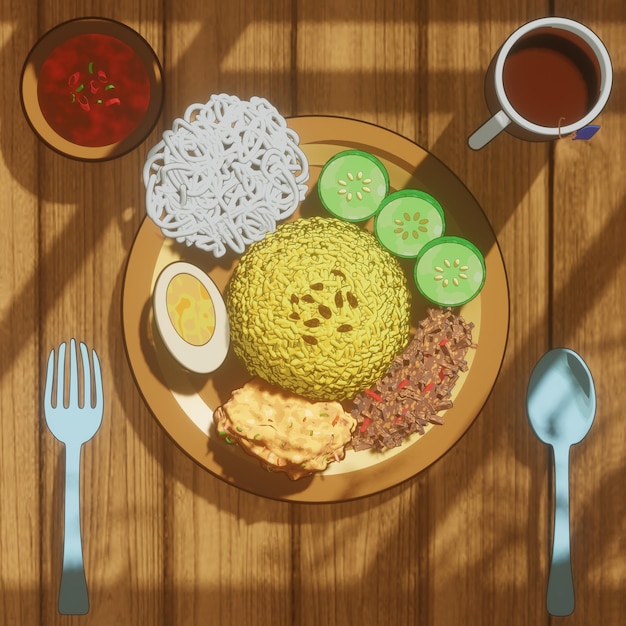 Ilustración en 3D de nasi kuning