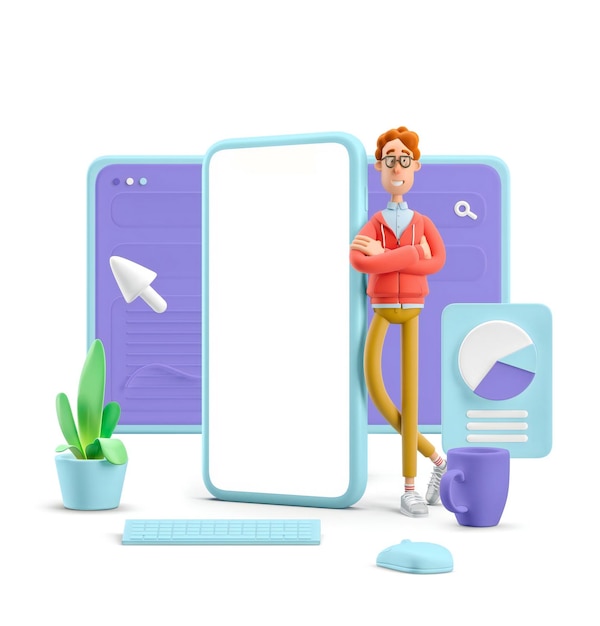 Ilustración 3D de Nerd Larry con el concepto de la aplicación del teléfono de interfaz