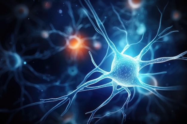 Ilustración 3d de neuronas de células neuronales, imágenes generadas por computadora del sistema nervioso, neuronas y el sistema nervioso, fondo de células nerviosas con espacio de copia generado por IA