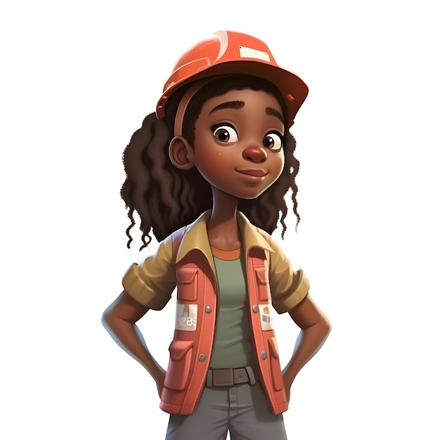 Ilustración 3D de una niña afroamericana con un casco de construcción