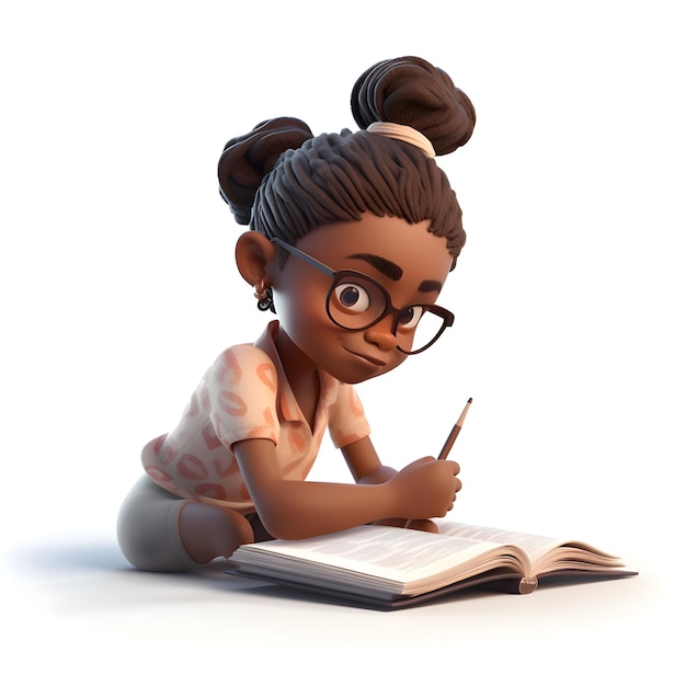 Ilustración 3D de una niña afroamericana escribiendo en un libro