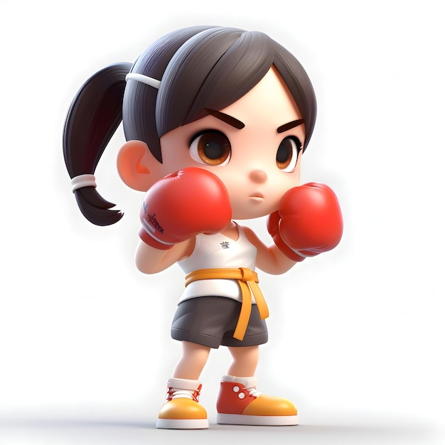 Ilustración 3D de una niña boxeadora con guantes de boxeo