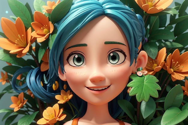 Foto ilustración 3d niña de dibujos animados personaje 3d con planta en crecimiento