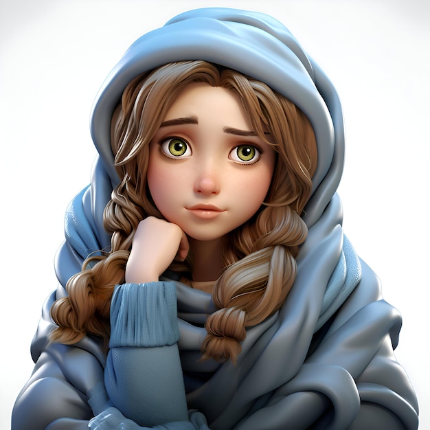 Ilustración en 3D de una niña linda con un abrigo azul