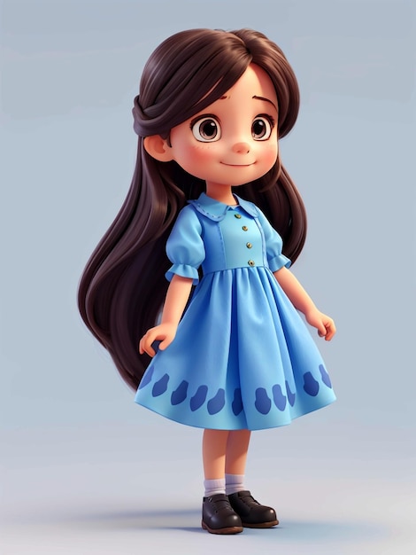 Foto ilustración 3d de una niña linda con cabello largo y vestido azul