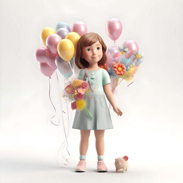 Ilustración en 3D de una niña linda con globos y flores