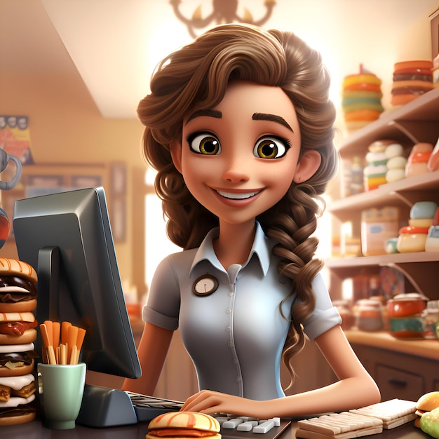 Ilustración en 3D de una niña linda trabajando en su escritorio en una panadería