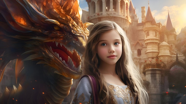 Foto ilustración 3d de una niña en un mundo de fantasía con un dragón y un castillo de fantasía