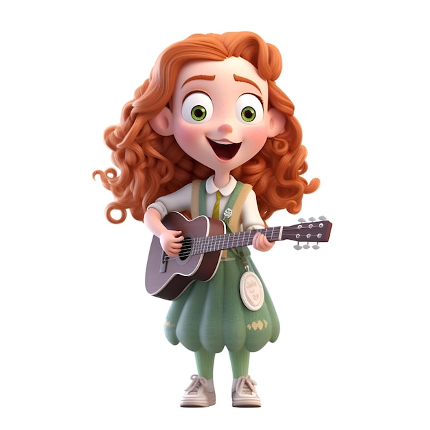 Ilustración 3D de una niña pelirroja tocando la guitarra