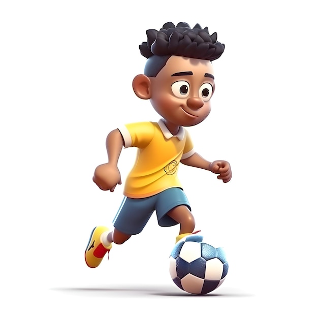 Foto ilustración 3d de un niño corriendo con un balón de fútbol aislado sobre fondo blanco.