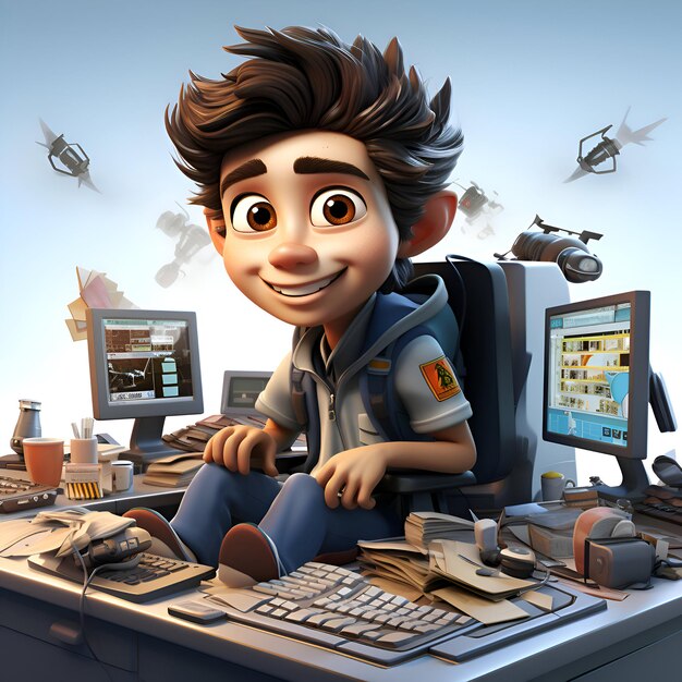 Ilustración 3D de un niño de dibujos animados sentado en su escritorio con una computadora