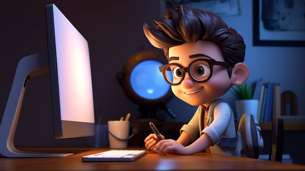 Ilustración 3D de un niño con gafas trabajando en una computadora