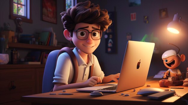 Ilustración 3D de un niño con gafas trabajando en una computadora