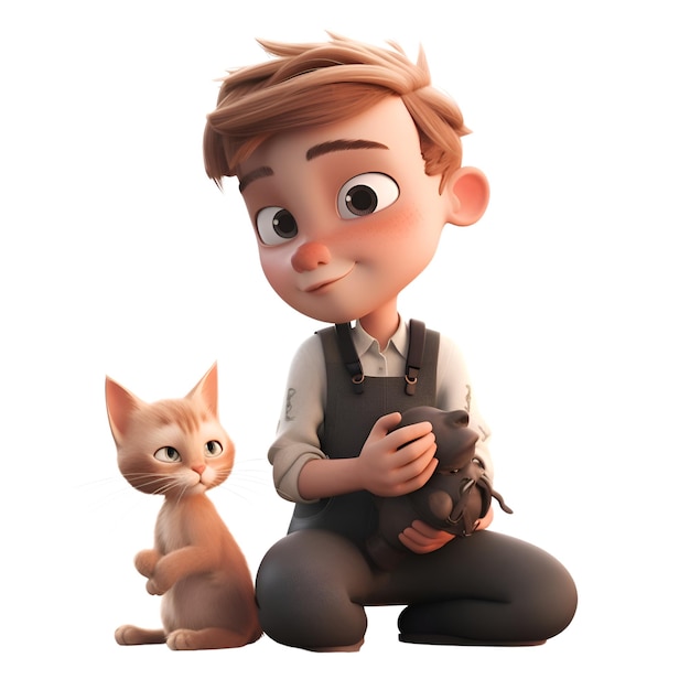 Ilustración 3d de niño y gato Fondo blanco aislado