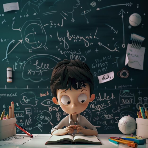 Ilustración en 3D de un niño gracioso con un lápiz y un cuaderno estudiando en la escuela