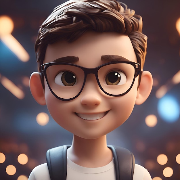 Foto ilustración 3d de un niño lindo con gafas y una mochila