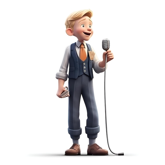 Foto ilustración 3d de un niño con un micrófono aislado sobre fondo blanco.