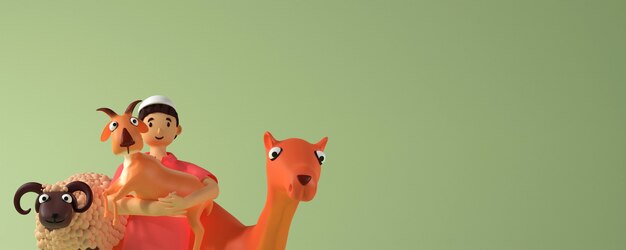 Ilustración 3D de un niño musulmán sosteniendo una cabra de dibujos animados, una oveja, un camello y un espacio de copia.