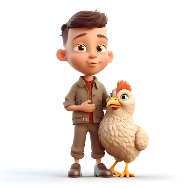 Ilustración 3D de un niño con un pato y un patito.