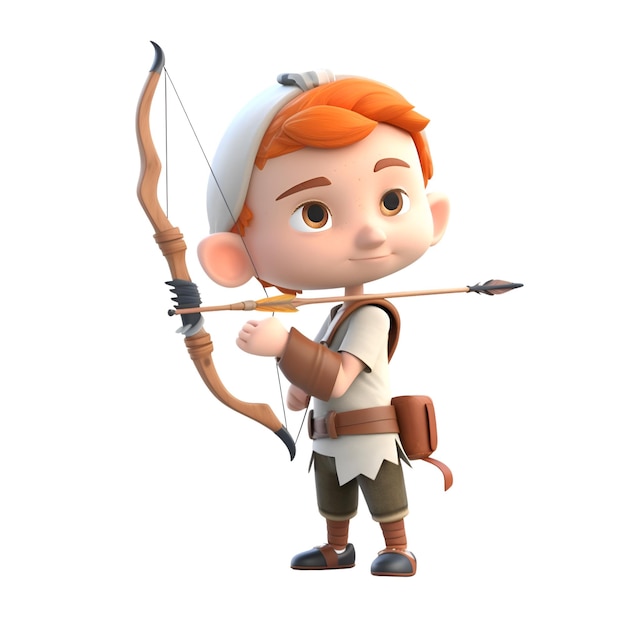 Ilustración 3D de un niño pequeño con un arco y una flecha