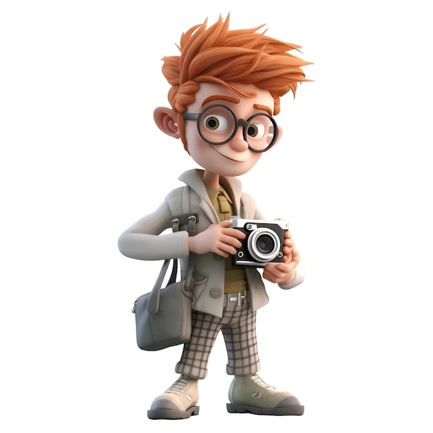 Ilustración 3D de un niño pequeño con una cámara y una mochila