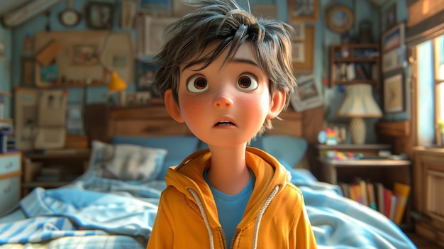 Ilustración en 3D de un niño pequeño con una chaqueta amarilla y una expresión de sorpresa
