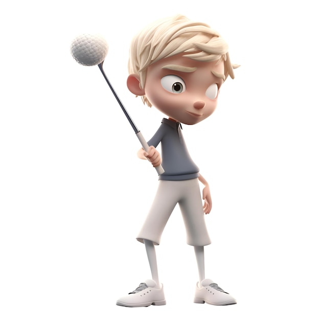 Ilustración 3D de un niño pequeño con un palo de golf sobre fondo blanco.