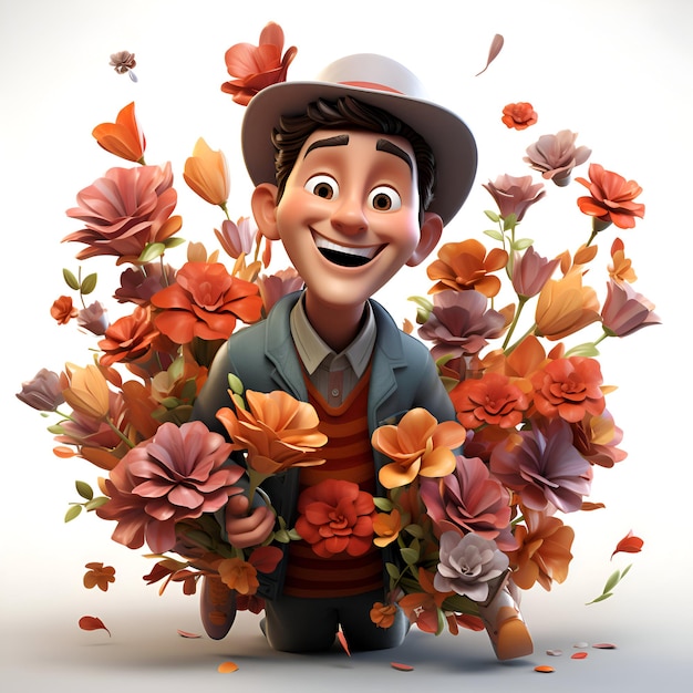 Foto ilustración 3d de un niño con un ramo de flores y un sombrero