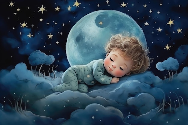 Ilustración 3d para niños con luna y bebé durmiendo Hermoso póster para habitación de bebé o dormitorio Tarjeta de felicitación infantil