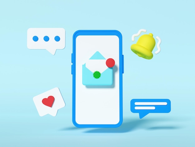 Ilustración 3d de notificación en un teléfono inteligente flotante con icono de burbuja de chat flotante, icono de amor e icono de timbre