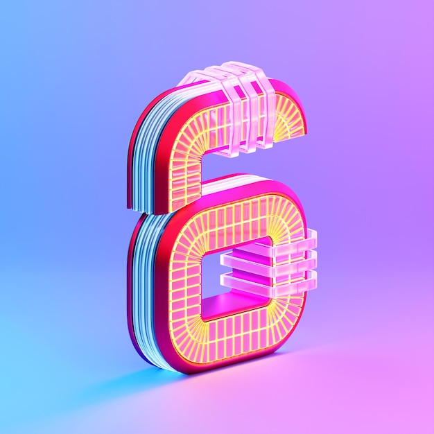 Ilustración 3D Número 6 seis sobre c luces de neón sobre fondo rosa Icono de diseño creativo de dibujos animados