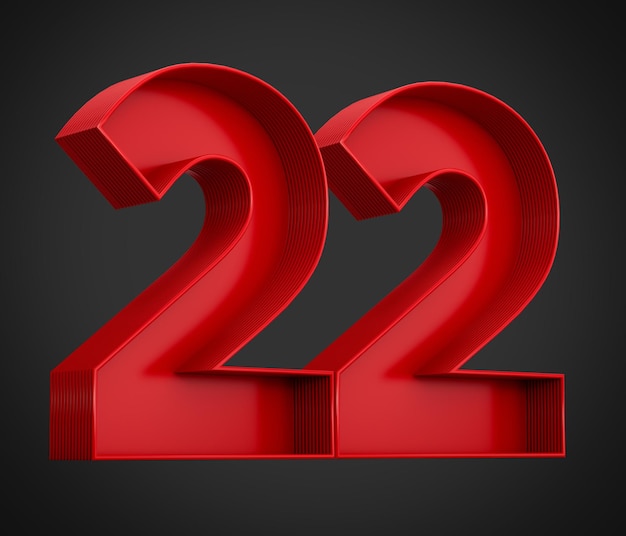 Ilustración 3d del número rojo 22 o veintidós sombra interior