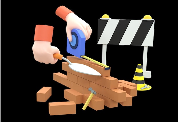 Ilustración 3D de objetos de manos que trabajan en un área de construcción