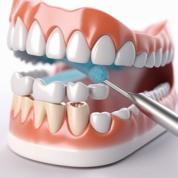Foto ilustración 3d de odontología con cepillo de dientes aislado con fondo de papel blanco