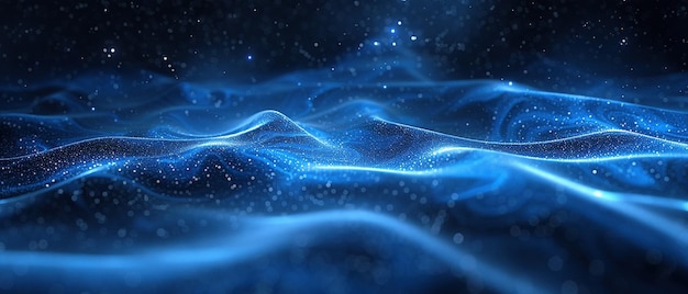 Ilustración 3D de onda digital azul abstracta con partículas y luces bokeh